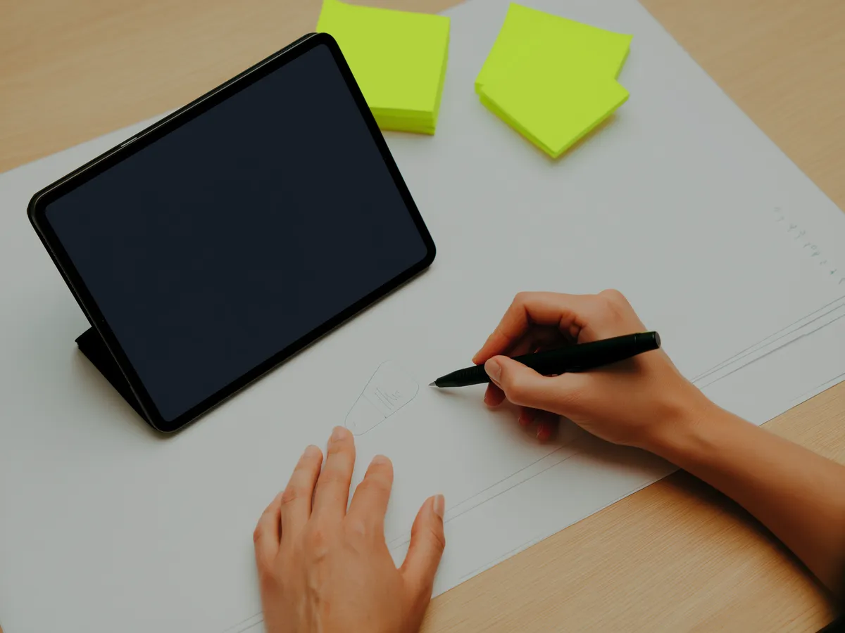Mani che disegnano le schermate di un’app su carta, con post-it lime