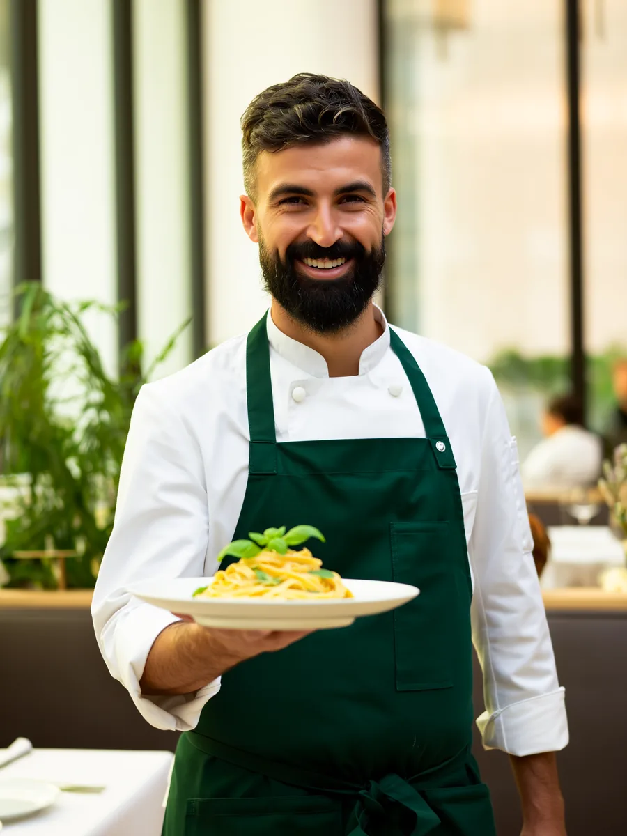 Uno chef sorridente porta un piatto di pasta fresca in sala