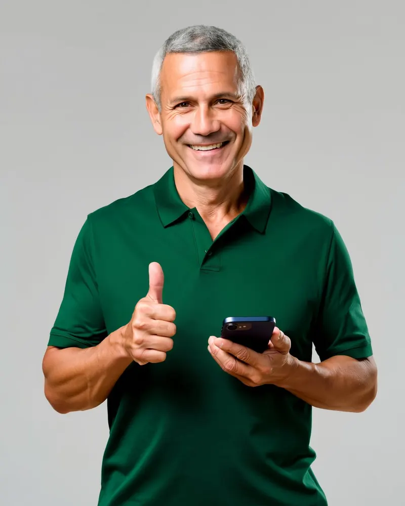 Un uomo mostra il telefono col pollice alzato