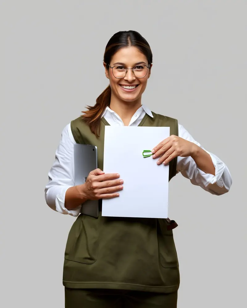 Una donna con un documento e un tablet
