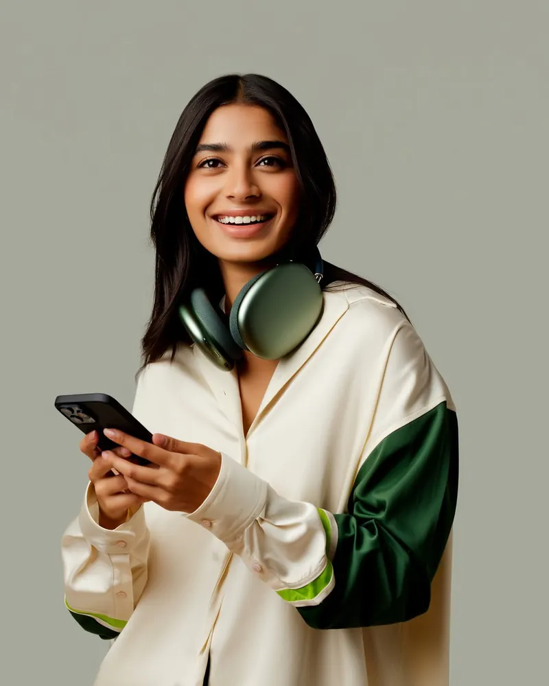 Una ragazza con le cuffie guarda un video sullo smartphone
