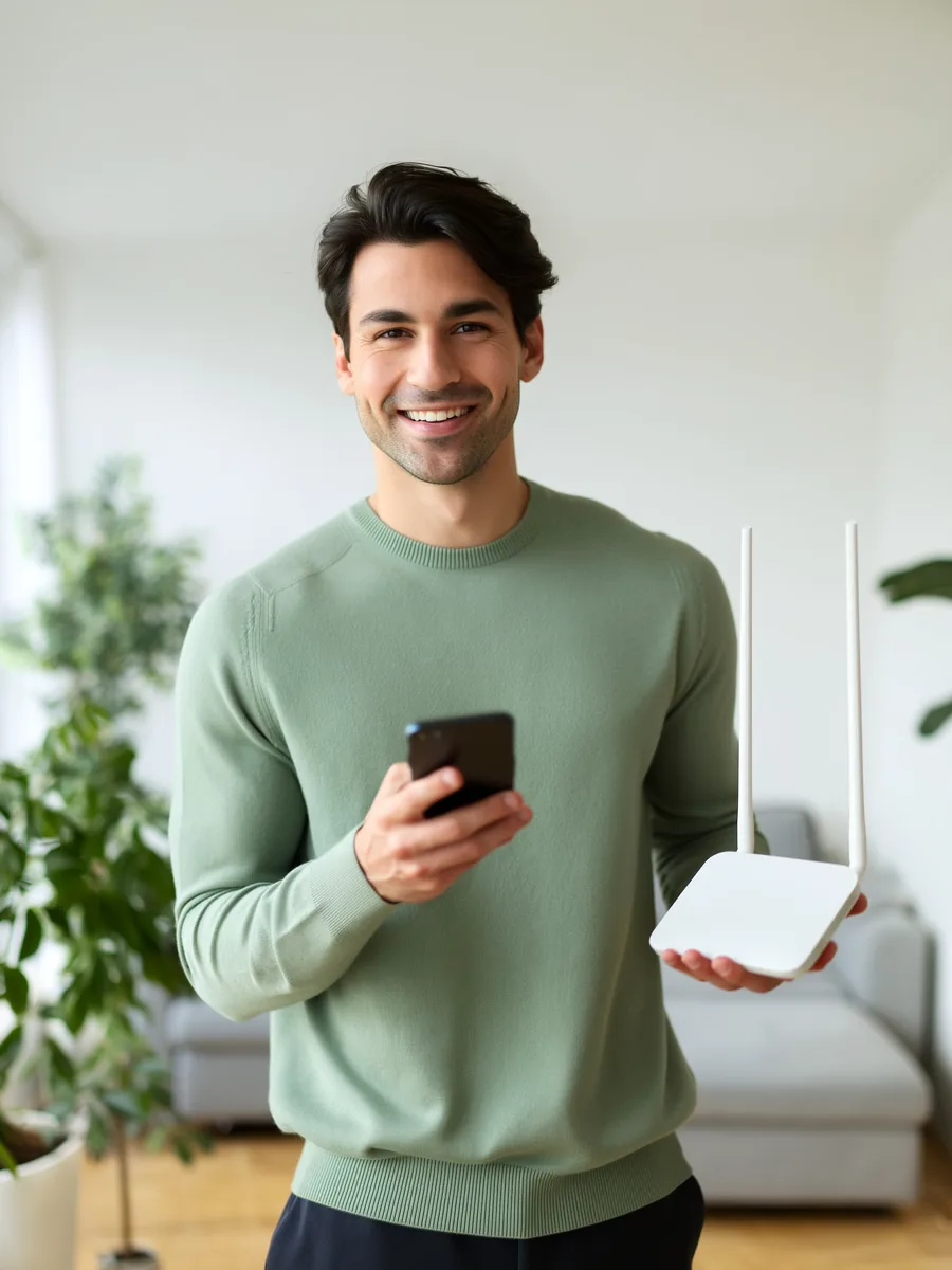 Un ragazzo sorridente mostra lo smartphone e il router WiFi