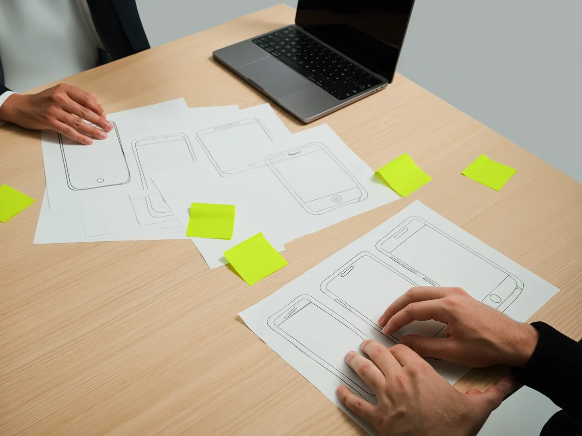 Due persone che disegnano le schermate di un’app su fogli e post-it