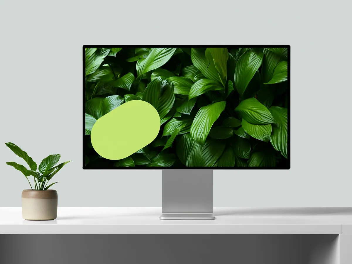 Un monitor su una scrivania con un sito pieno di foglie verdi