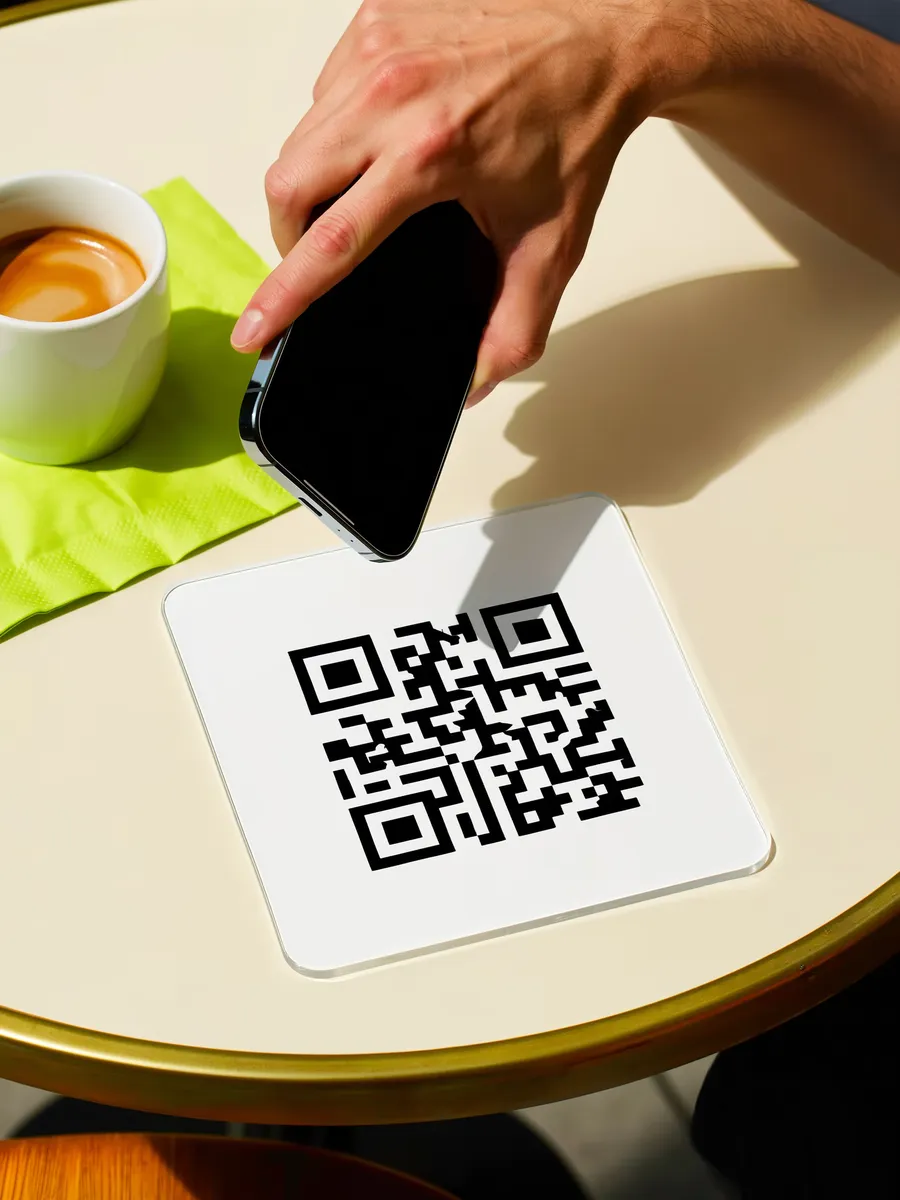 Una mano inquadra con il telefono un QR Code sul tavolo di un bar